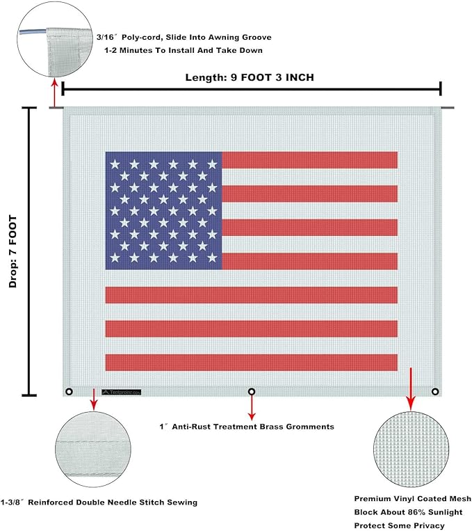 Tentproinc RV Awning Sun Shade Screen 7' X 9' 3'' (American Flag) Gray Mesh Sunshade Camper Trailer Awning Shade Screen UV Blocker Completed Kits