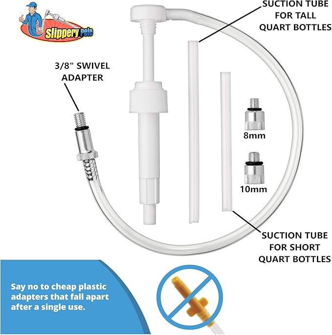 Slippery Pete - Lower Unit Gear Oil Pump for Standard Quart Bottles, Includes 3/8 inch Metal Swivel, 8mm and 10mm Adapters Fit Most Marine Boat Outboard Motors (NOT COMPATIBLE WITH VOLVO PENTA)