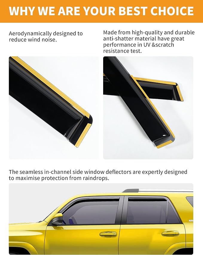 in-Channel Window Rain Guards Fit for Toyota 4Runner 2010-2024 Extra Durable Window Deflectors Vent Visors Vent Shades Window Visors Rain Guard Exterior Car Accessories - 4 pcs