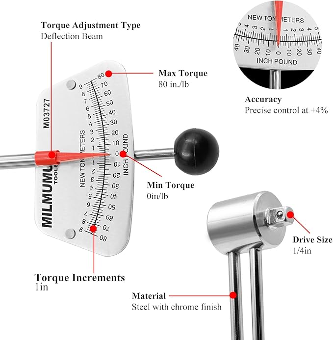 1/4" Drive Beam Torque Wrench Precision Instrument-Compatible with SAE and MM Bicycle and Automotive Wrench -0-80 Inch-Pounds, 0-9 Newton Meters