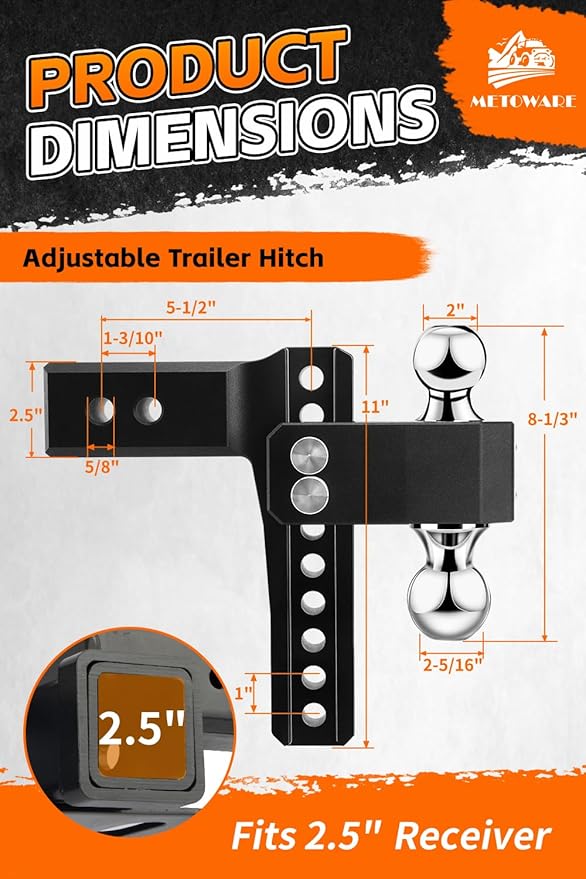 METOWARE Adjustable Trailer Hitch - Aluminum Tow Hitch Fits 2.5-Inch Receiver - Heavy Duty Drop Hitch with 8-Inch Drop/Rise for Truck (18,000 LBS GTW), Double Stainless Steel Locks & Hitch Pin (Black)