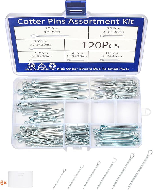 120Pcs Cotter Pins, 6 Sizes Hardware Cotter Pins Clip Assortment Kit - 304 Stainless Steel R Hairpin Cotter Fastener Clip Suitable for Truck and Engine Maintenance, Hanging Needle Lock System
