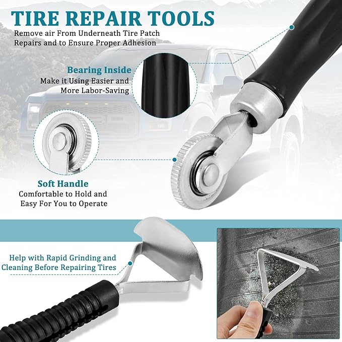 Tire Repair Set Polish Patch Tools 2500rpm Low Speed Air Tire Buffer Grinder Buffing Wheel 55mm,42mm,38mm with Tire Patch Roller Tire Inner Liner Scraper