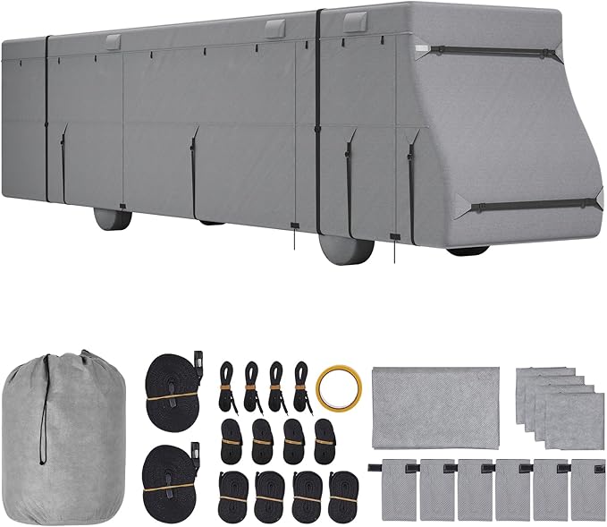 VEVOR Class A RV Cover, 40-43 ft Motorhome Cover, Non-Woven Fabric Motorhome RV Cover, Waterproof, Windproof and Rip-Stop, Camper Cover with Storage Bag, Repair Patches, Straps and Tire Covers