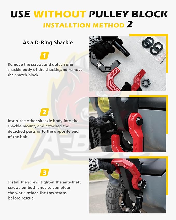 Separate D-Ring Shackle with Pulley Block, Towing Winch Snatch Block & 3/4" Separate D-Ring Shackle 2in1 Set, 57320lbs(26T) Breaking Strength, for Recovery, BlackRed