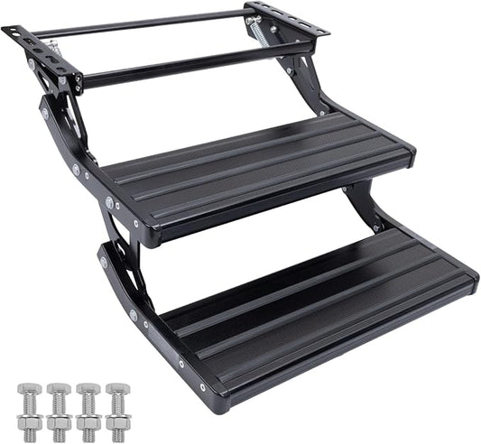 RV Steps, 2-Step, Manual Foldable RV Steps, 400 LBS Load Capacity, Retractable Aluminum Alloy Camper Steps, Thickened Steel Plate Trailer Steps, Non-Slip Design, Ideal for RV, Trailer, Camper, Black