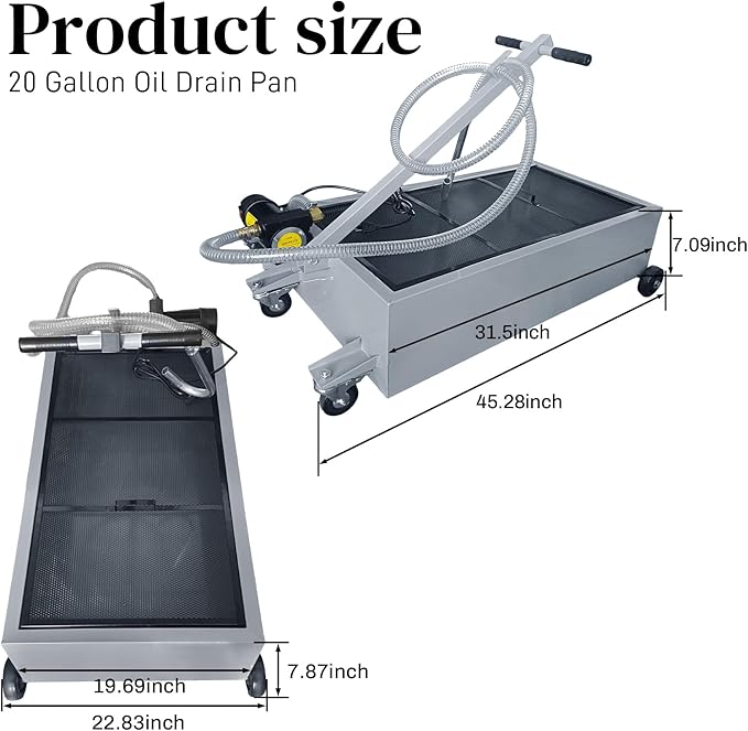 20 Gallon Oil Drain Pan, Low Profile Oil Pans for Changing Oil, w/Electric Pump, T-Handle and J-Hook Makes Drain Easier, Ideal for Car, Truck, Gray