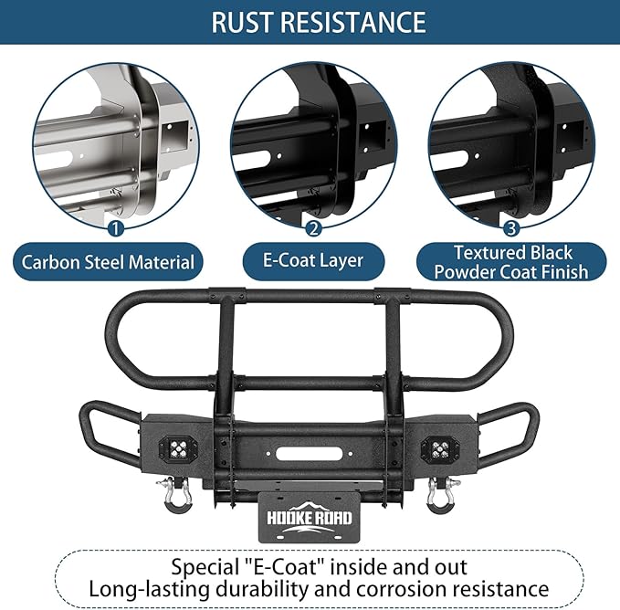 Hooke Road Wrangler Stubby Front Bumper Brush Guard Bull Bar for 2007-2018 Jeep Wrangler JK & Unlimited 2/4 Doors, Rock Crawler Tubular Offroad Bumper with Winch Plate, Lights & D-rings