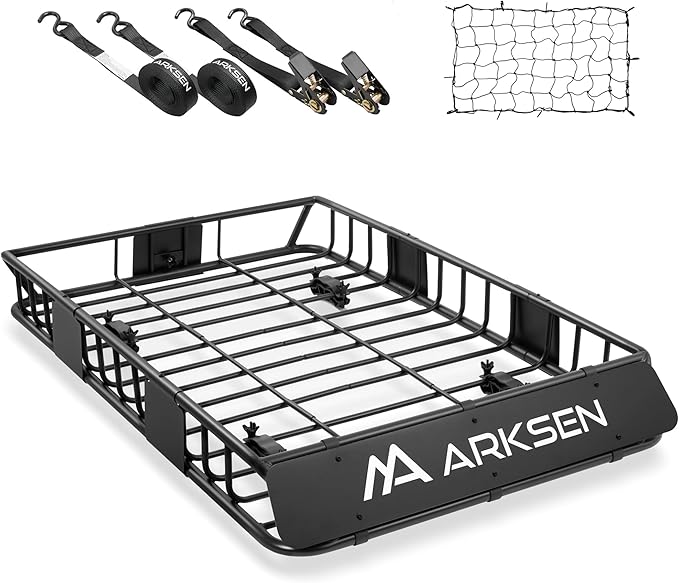 ARKSEN 54 x 34 x 6 Inch Universal Roof Rack with Extension, Cargo Net, 2 Straps, 150 LBS Heavy Duty Capacity Rooftop Cargo Basket for SUV, Truck, RV, Pickup