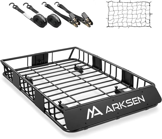 ARKSEN 54 x 34 x 6 Inch Universal Roof Rack with Extension, Cargo Net, 2 Straps, 150 LBS Heavy Duty Capacity Rooftop Cargo Basket for SUV, Truck, RV, Pickup