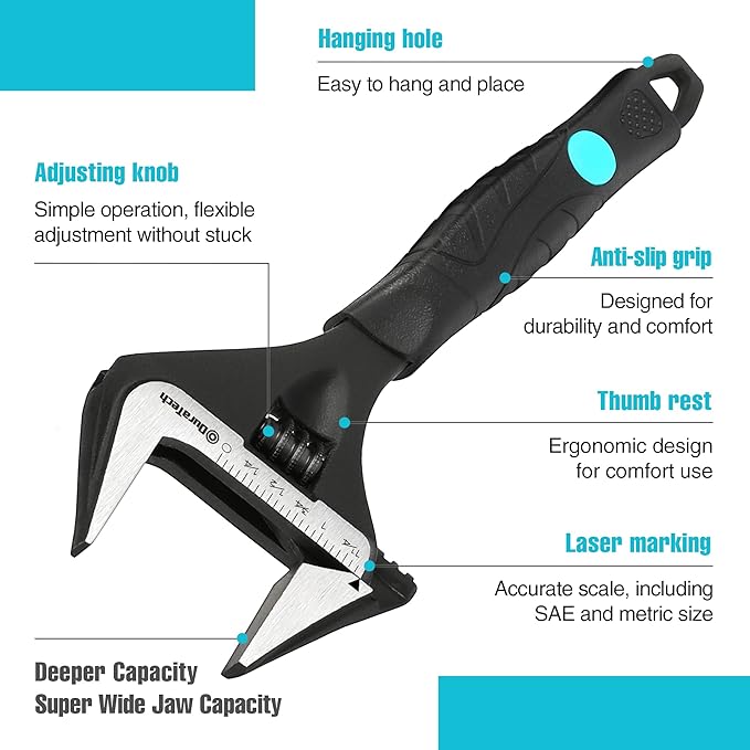 DURATECH 8-Inch Adjustable Wrench, Wide Jaw Opening Black Oxide Finish Plumbing Wrench, CR-V Steel, SAE and Metric Scale Marked, Ergonomic Grip