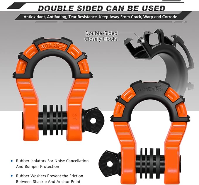 AUTMATCH D Ring Shackles 3/4" Mega Shackle (2 Pack) 68,000Ibs Break Strength - Heavy Duty Clevis Shackles with 7/8" Screw Pin and Isolator Washer for Tow Strap Winch Off Road Vehicle Recovery, Orange