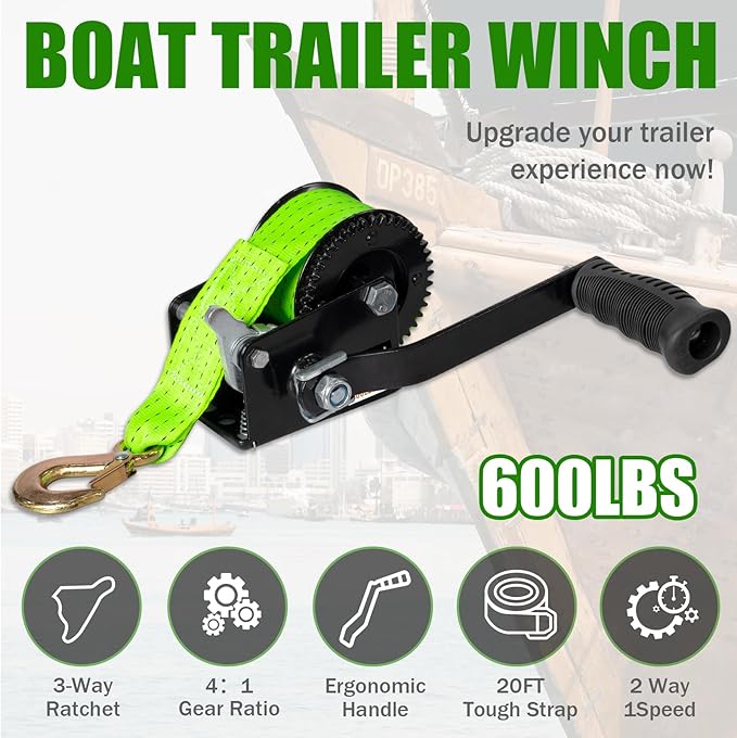 600lbs Boat Trailer Winch with 19.6FT Nylon Strap, 2-Way Ratchet & 3.2:1 Gear Hand Winch, Manual Operated Hand Crank Winch for Trailer, Boat or ATV