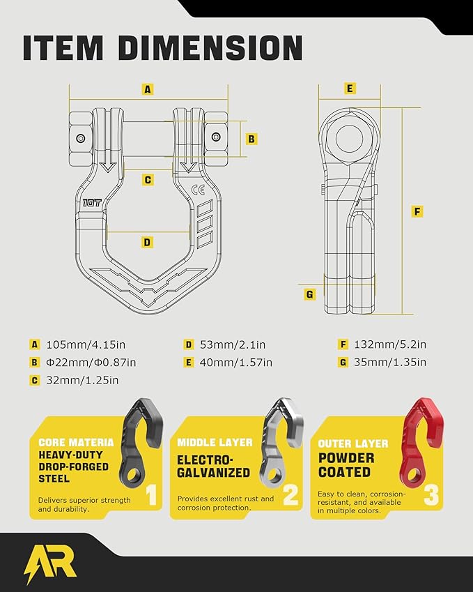 D Ring Shackles, 3/4" Separate Shackles with 7/8" Pin, Heavy Duty Recovery Shackle 57320lbs Break Strength, 4x4 Off-Road Recovery Towing Winch Shackles for Trucks, Red Black 2-Pack