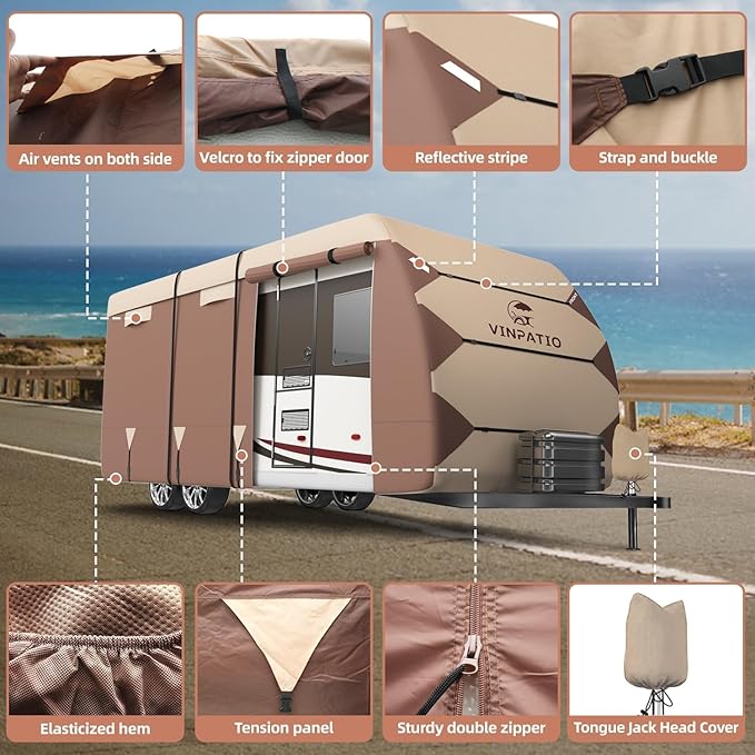 VINPATIO RV Cover, Oxford Fabric Travel Trailer Cover, Toy Hauler Cover Fits 35'-38' RV Heavy Duty 600D Ripstop Anti-UV Waterproof Windproof Camper Cover with Tongue Jack Cover, Extra Ropes