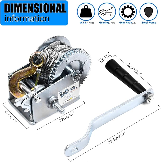 600lbs Hand Winch Steel Cable Boat Trailer Winch Two-Way Ratchet Gear Small Manual Winch Hand Crank Crane Weight Moving for ATV Truck Towing Boat Winch
