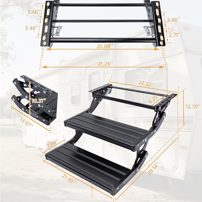 RV Steps, 2-Step, Manual Foldable RV Steps, 400 LBS Load Capacity, Retractable Aluminum Alloy Camper Steps, Thickened Steel Plate Trailer Steps, Non-Slip Design, Ideal for RV, Trailer, Camper, Black