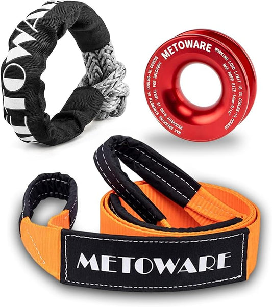METOWARE Snatch Block Ring, Winch Pulley with 1/2'' Soft Shackle, 3" X 8' Tree Saver Strap Recovery Kit for Off-Road Sailing UTV, ATV, Trucks