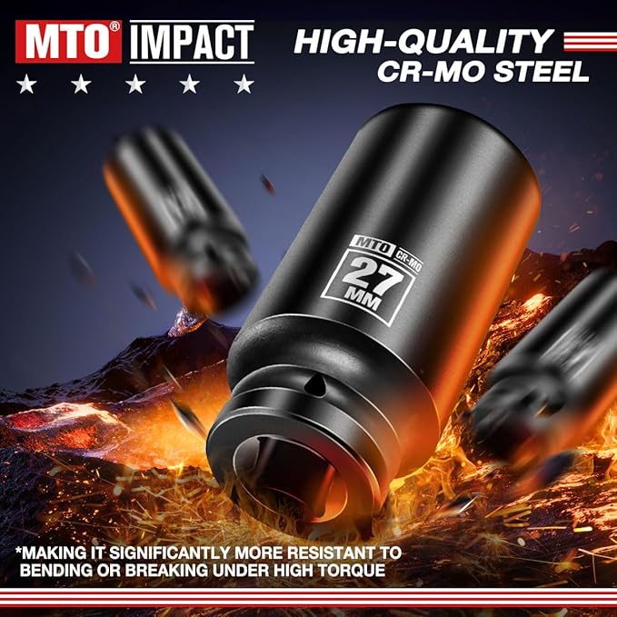 MTO 1/2" Drive 27mm Deep Impact Socket, 6 Pt. Metric Socket, CR-MO Steel & Anti-Corrosion Coating for Heavy-Duty Use
