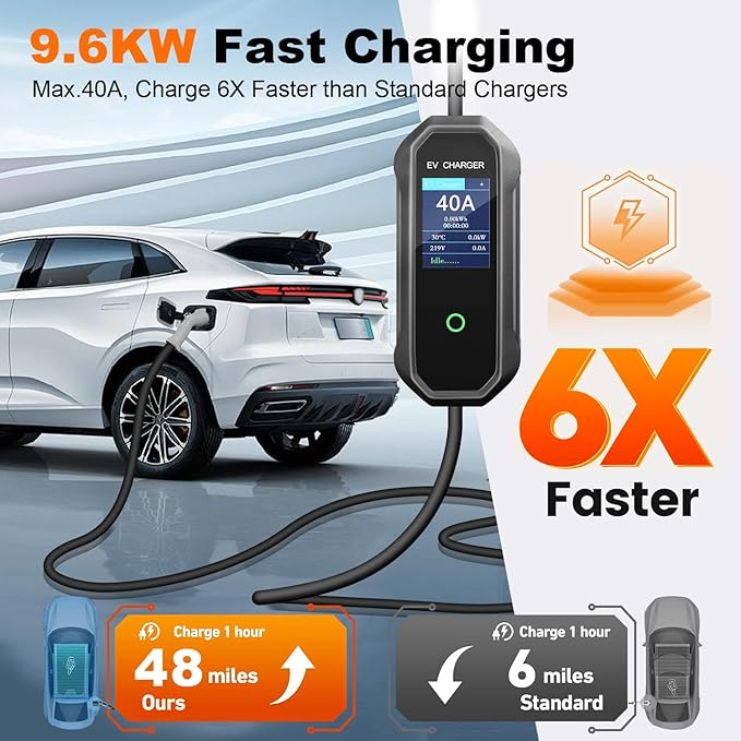 Level 2 EV Charger 40 Amp 110-240V 30ft Cable NEMA 14-50P, Mobile Portable Electric Vehicle Charger Plug-in Home EV Charging Station for SAE J1772 Evs Adjustable Current ﻿