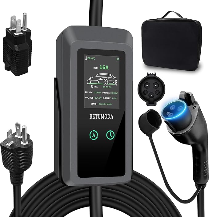 Level 1&2 EV Charger, 16Amp, Portable Charger for Home/Outdoor, 25FT Cable 110V-240V, J1772 Electric Cars, Charging Stations, Current Adjustable, NEMA 6-20 & NEMA 5-15 Adapter. Tesla Needs Adapter