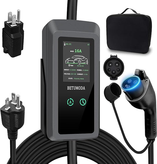 Level 1&2 EV Charger, 16Amp, Portable Charger for Home/Outdoor, 25FT Cable 110V-240V, J1772 Electric Cars, Charging Stations, Current Adjustable, NEMA 6-20 & NEMA 5-15 Adapter. Tesla Needs Adapter