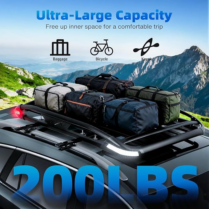 JMTBNO Roof Rack Cargo Carrier Basket with Brake Lights, 55 * 40inch Universal Rooftop Cargo Carrier with 2PCS Shark Clip Crossbars Double Layer Aluminum Car Top Luggage Holder for SUV Trucks Cars