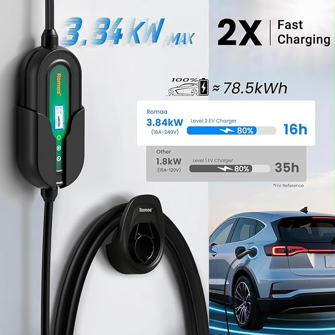 Level 1 and Level 2 Portable EV Charger J1772 16 Amp Charging Cable - Dual Voltage 120V 240V Home EV Charging Station, 3.8 kW, Adjustable 8 to 16A, ETL Listed, FCC Part 15, NEMA Type 4, 25 ft Cable
