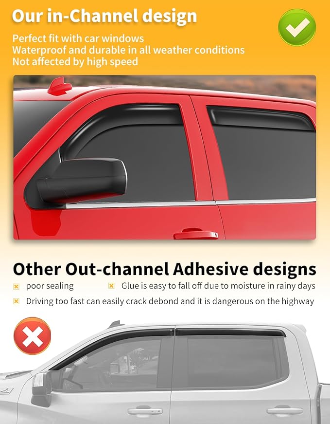 in-Channel Window Rain Guards Fit for 2014-2018 Chevy Chevrolet Silverado/GMC Sierra Crew Cab Truck Extra Durable Window Visors Window Deflectors Vent Visors Vent Shades Car Accessories-4 pcs
