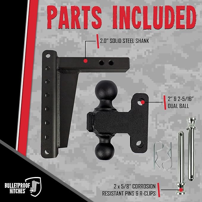 BulletProof Hitches - 2.0" Adjustable Heavy Duty Trailer Hitch (22,000 lb. Rating) - 10" Drop/Rise Trailer Hitch with 2" & 2-5/16" Dual Ball - Powder Coat, Solid Steel, Corrosion-Resistant