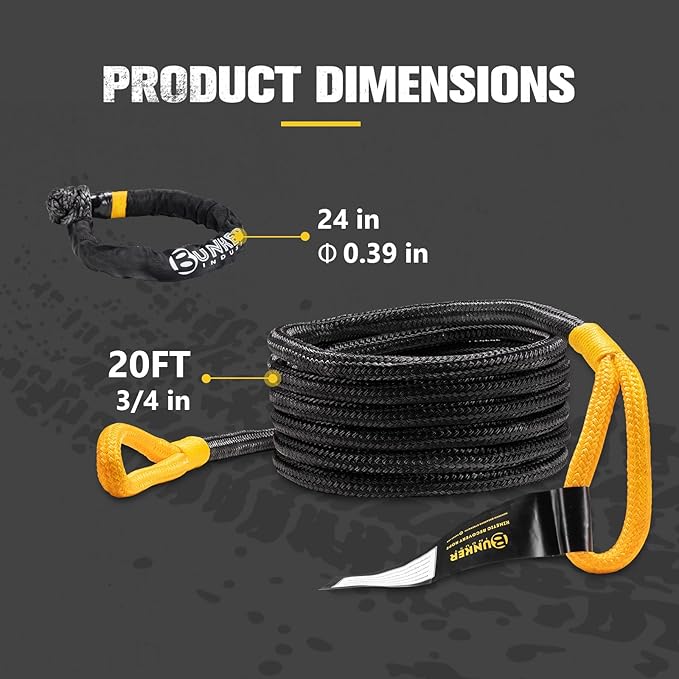 BUNKER INDUST 3/4in×20ft Kinetic Recovery Rope with 2 Soft Shackles Kit, Kinetic Recovery Tow Rope Snatch Strap Off Road Recovery Kit for UTV, ATV, Truck, Car, Jeep, Tractor