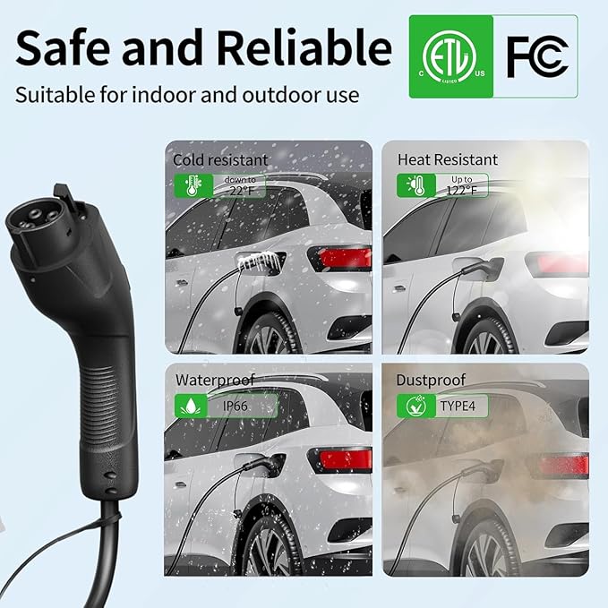 Level 1 and Level 2 Portable EV Charger J1772 16 Amp Charging Cable - Dual Voltage 120V 240V Home EV Charging Station, 3.8 kW, Adjustable 8 to 16A, ETL Listed, FCC Part 15, NEMA Type 4, 25 ft Cable