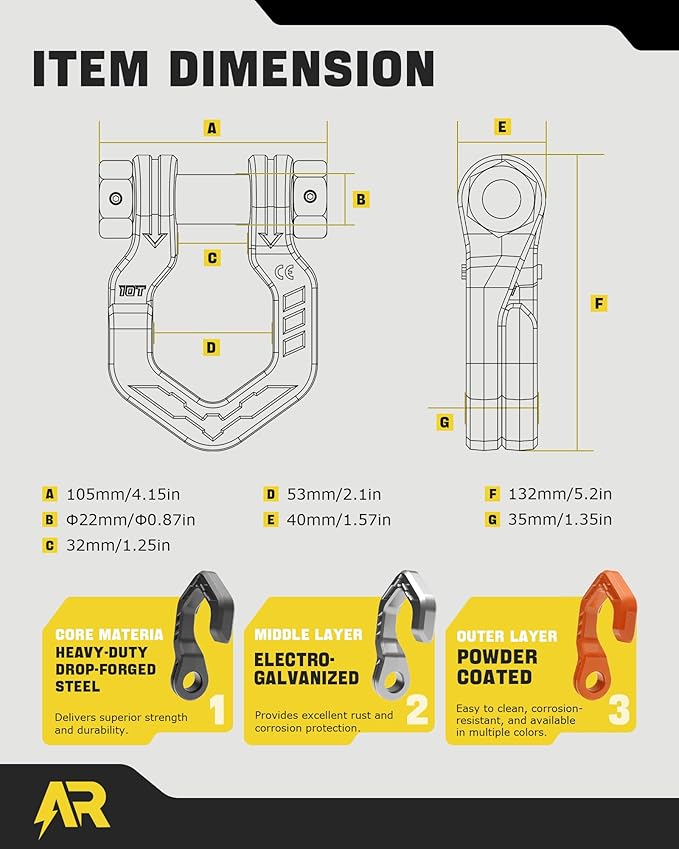 D Ring Shackles, 3/4" Separate Shackles with 7/8" Pin, Heavy Duty Recovery Shackle 57320lbs Break Strength, 4x4 Off-Road Recovery Towing Winch Shackles for Trucks, Black Orange 2-Pack