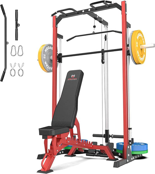 Compact Smith Machine Home Gym - 800lb Barbell Sleeve, Space-Saving Power Cage with LAT Pulldown, Power Rack 5-in-1, 1500lb Capacity for Garage & Small Spaces, P70