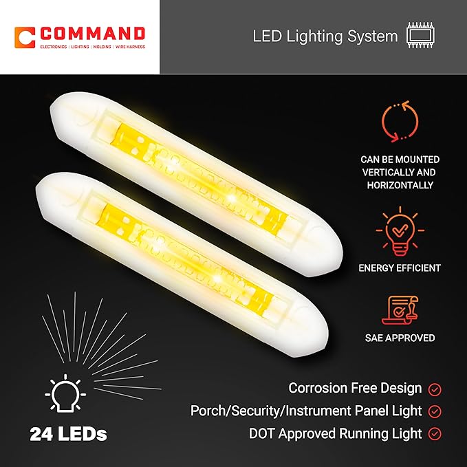 Command Electronics 12V LED Exterior Extruded Porch Light – Surface Mount Utility – IP67 Rating OEM RV, Camper, Bus, Truck, & Trailer – 8"x1.4"x1.4" – White Case/Amber Light 2-Pack