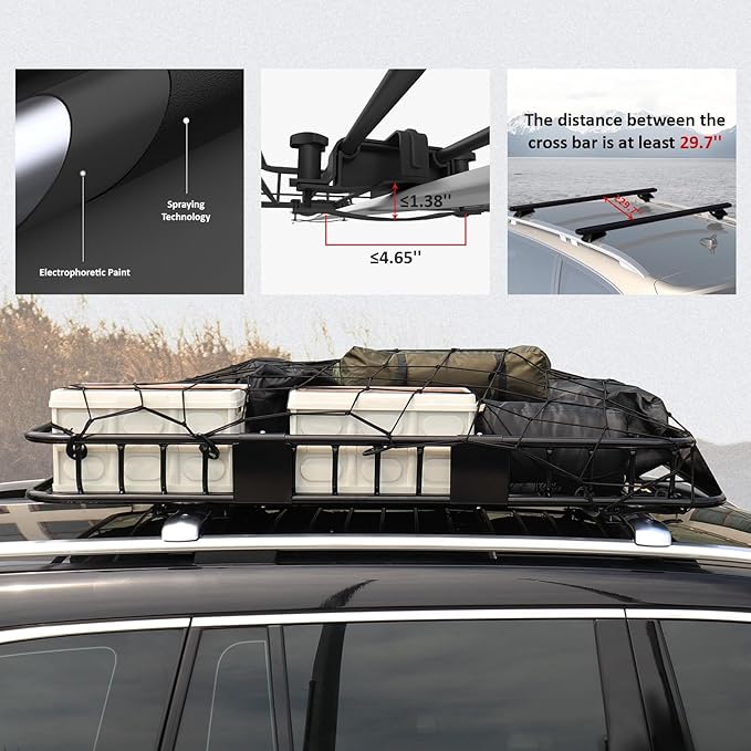 FORWODE 250LBS Universal Roof Rack Basket, 64"x39"x6" Rooftop Cargo Carrier Rack + Waterproof Cargo Bag 15 Cubic Feet(43"x34"x17") and Cargo Net
