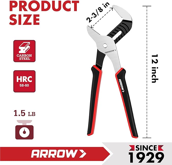 ARROW 12-Inch Groove Joint Pliers, Adjustable Water Pump Pliers with TPR Handle, High Carbon Steel Tongue and Groove Plier for Plumbing, Automotive and Household Repairs