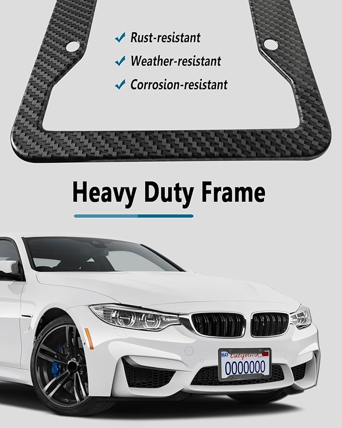 Carbon Fiber License Plate Frames- 2 Pack Black Aluminum Front & Rear Auto Car Tag Holder, Heavy Duty Bracket with Mount Hardware, Screws Caps, Rattle Proof Pads (Carbon Pattern
