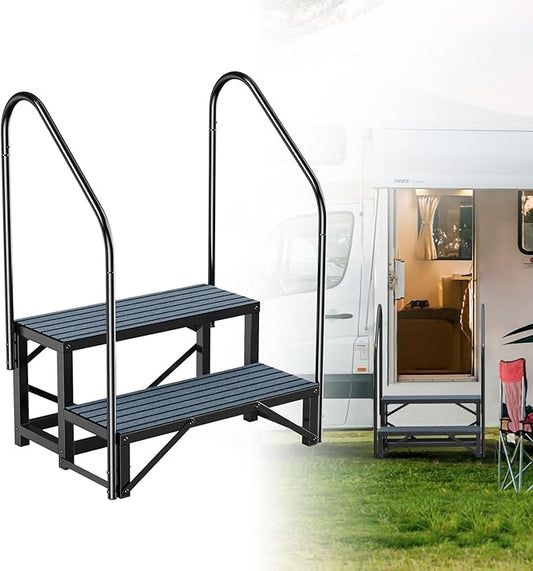 Rv Steps with Handrail 2 Step, Hot Tub Steps with Anti-Slip Mats, Heavy Duty Metal Mobile Home Stairs, Camper Steps for Travel Trailer,Portable Step Ladder for Spa, Pool and Porch