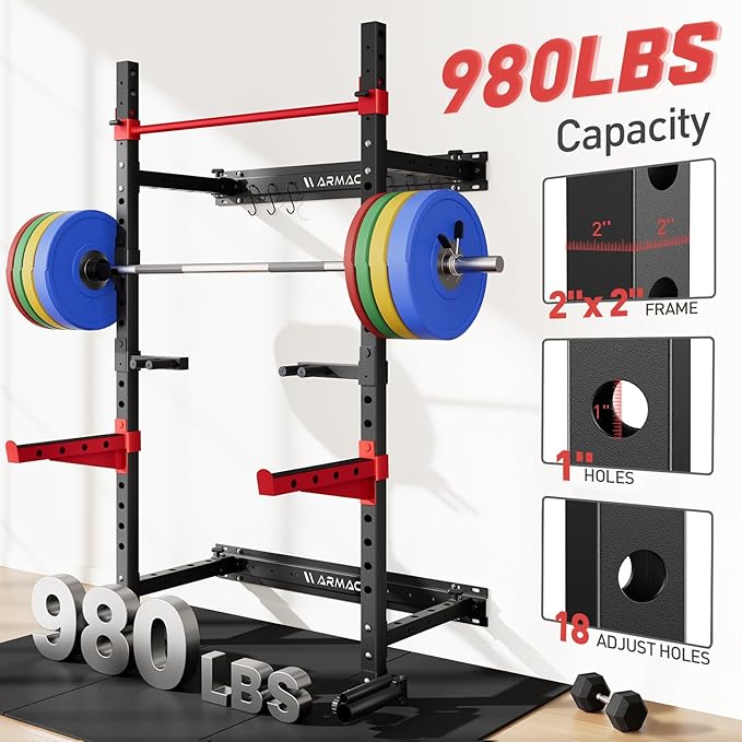 Folding Power Rack, Wall Mounted Squat Rack with Pull Up Bar, 980 Pounds Capacity, with J-Cups, Spotter Arms, Dip Bars, Landmine for Full Body Workout