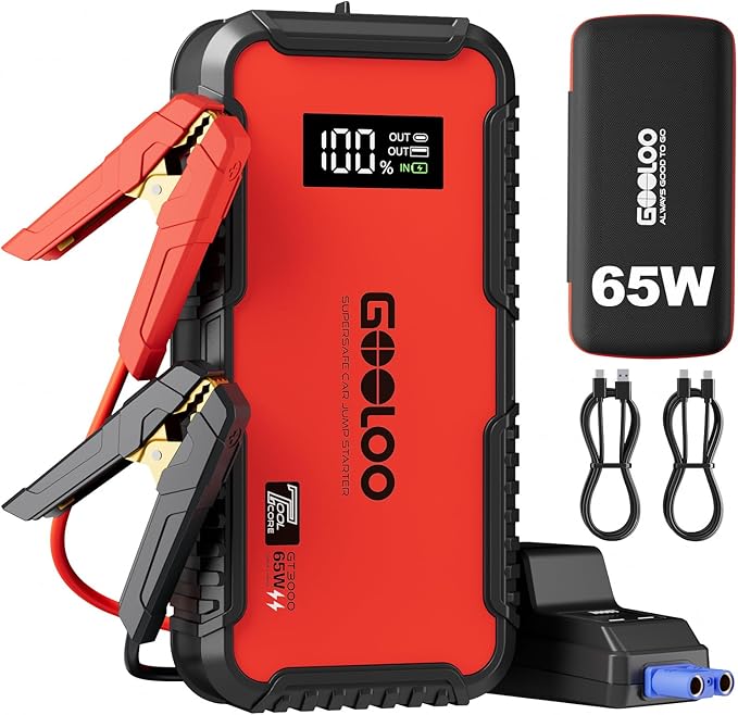 GOOLOO GT3000 Jump Starter, 3000A Battery Jumper Starter Portable with 65W Quick Charge, 12V SuperSafe Lithium Battery Booster(8.5L Gas/6.0L Diesel), Jump Box Pack with Jumper Cables