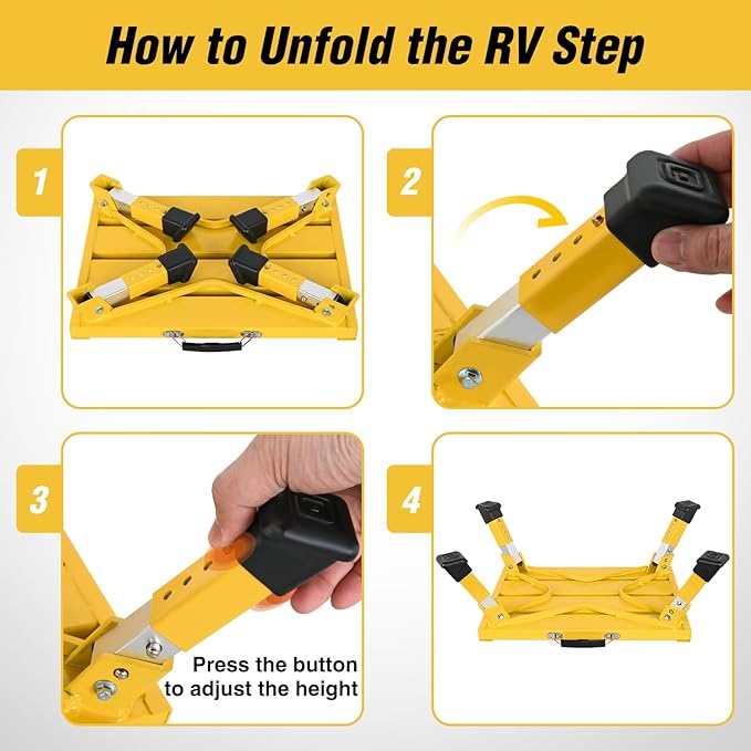 Nilight RV Step Stool Portable Folding Aluminum Platform Steps with Handle 16.5x11.8 Anti-Slip Surface Adjustable Height Step with Rubber Feet Support Up to 500lbs for Camping Travel Trailer (Yellow)