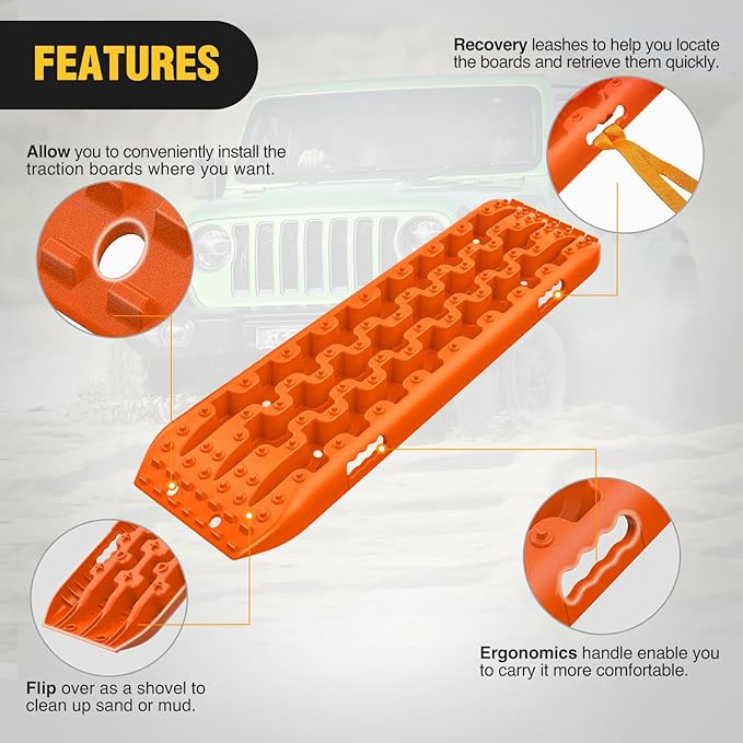 Nilight Recovery Off-road Traction Boards Emergency Tire Mats For 4WD 4X4 Mud Sand Snow with 2PCS Mounting kit Zipper Bag 2 leashes (Orange)