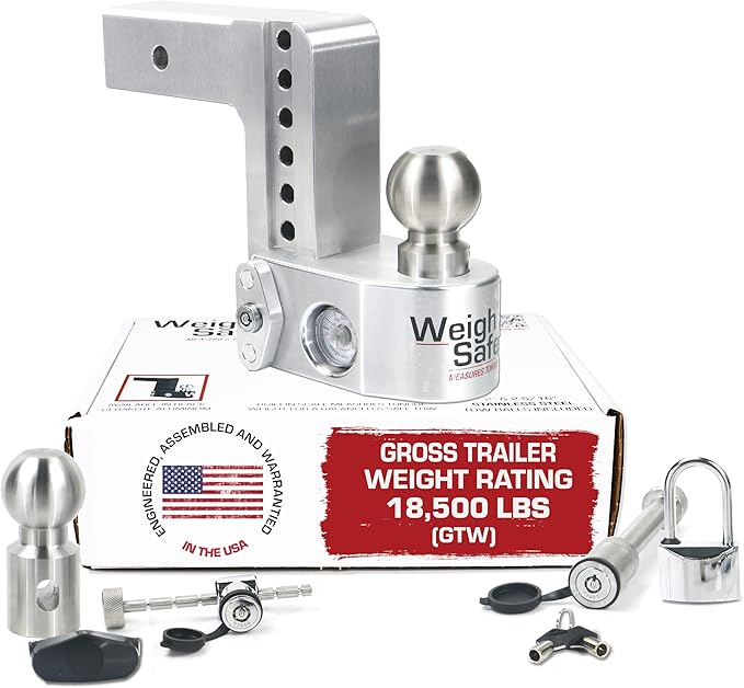 Weigh Safe Aluminum Adjustable Trailer Hitch - Towing Hitch with Built-In Tongue Weight Scale - Compatible with 2.5" Receivers - 6" Drop, Stainless Steel Tow Balls, 18,500 GTW, 4-Piece Lock Set