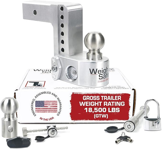 Weigh Safe Aluminum Adjustable Trailer Hitch - Towing Hitch with Built-In Tongue Weight Scale - Compatible with 2.5" Receivers - 6" Drop, Stainless Steel Tow Balls, 18,500 GTW, 4-Piece Lock Set