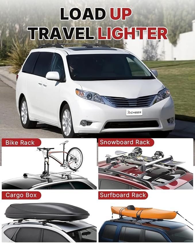 Richeer Roof Rack Cross Bars Fit for 2011-2020 Sienna with Side Rails, Heavy Duty Aluminum Cross Bar for Cargo Racks Rooftop Luggage Carrier Bicycle Roof Bag