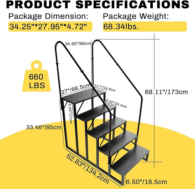 RV Steps with 2 Handrails, Hot Tub Steps Outdoor, 5 Step Ladder Stool, RV Stairs with Anti-Slip Panel, Camper Steps for Spa, Travel Trailers, Pool and Porch