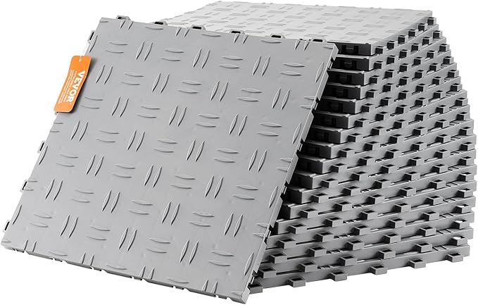 VEVOR Garage Tiles Interlocking, 12 x 12 x 0.53 inch 25 Pack Garage Floor Covering Tiles, Non-Slip Double-Sided Texture Garage Flooring Tiles, for Garages, Basements, Repair Shops, Silver