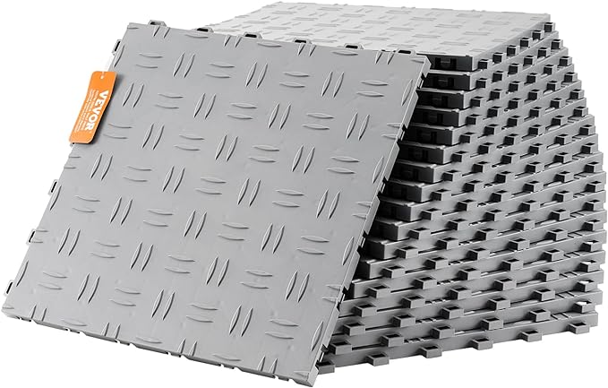 VEVOR Garage Tiles Interlocking, 12 x 12 x 0.53 inch 50 Pack Garage Floor Covering Tiles, Non-Slip Double-Sided Texture Garage Flooring Tiles, for Garages, Basements, Repair Shops, Silver