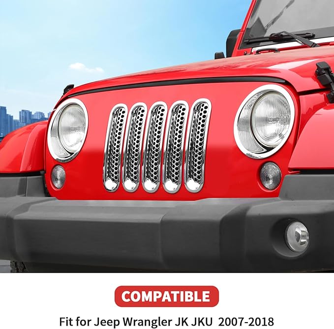 Mesh Grille Grill Insert+Headlight Turn Light Cover Trim Fit for 2007-2018 Jeep Wrangler JK JKU(Chrome)